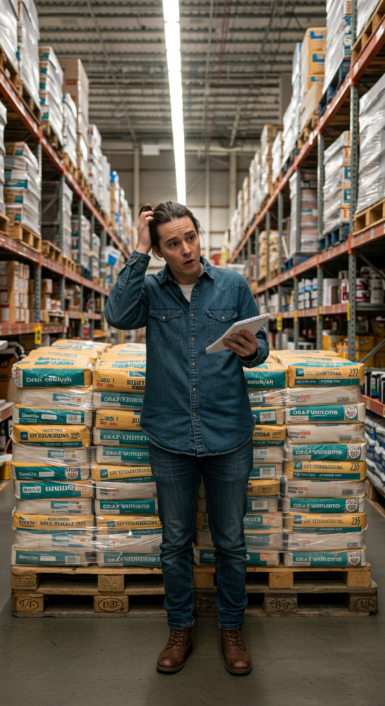 Confused person in a hardware store looking at bags of concrete.