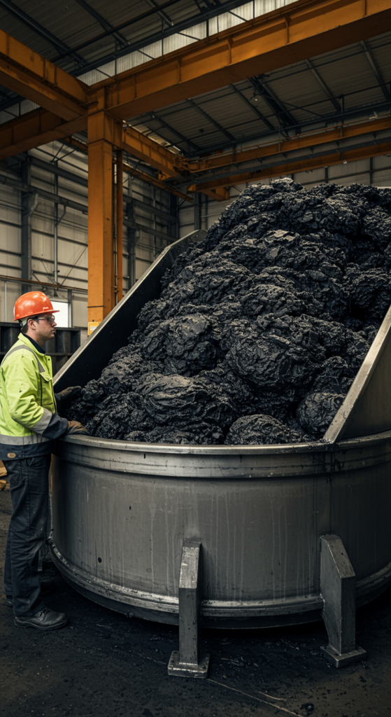 A ruined batch of industrial polymer solidified in a large factory vat.