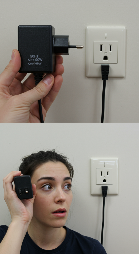 Confused person holding a power adapter with 50Hz rating next to a 60Hz wall outlet.