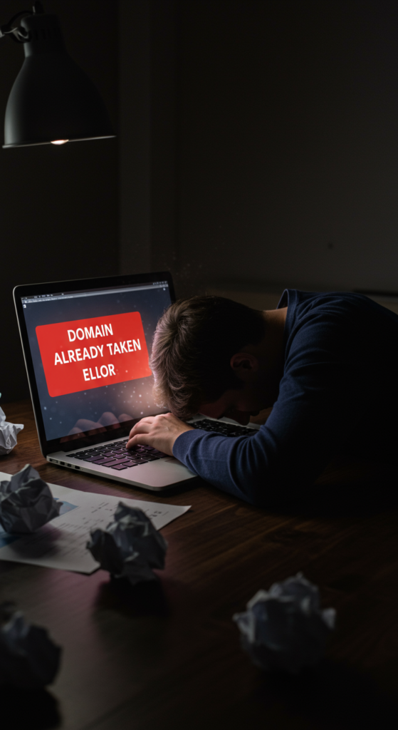 A person looking defeated in front of a laptop showing a domain registration error message.